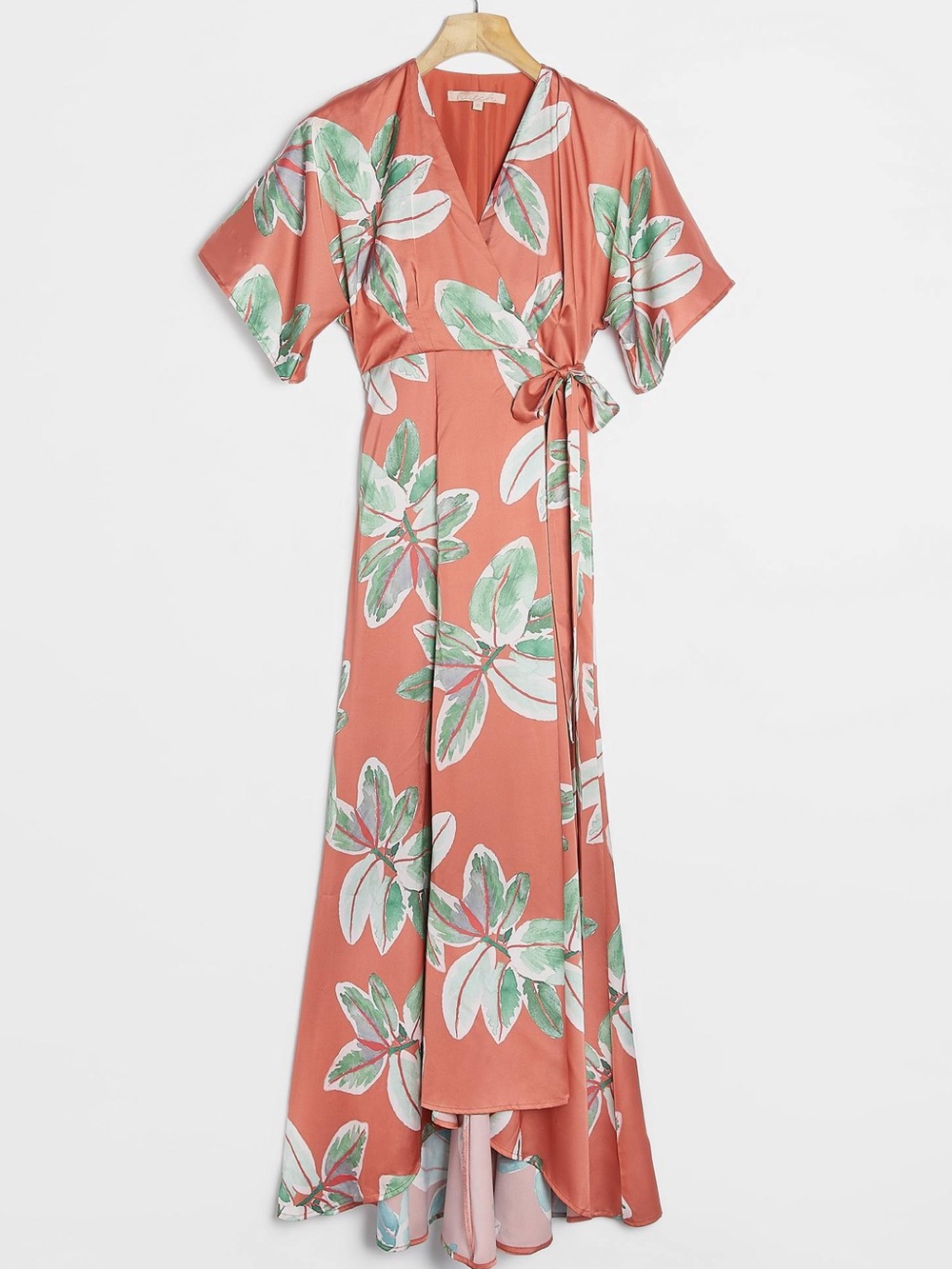 Floral Wrap Maxi Dress in Coral with Green Leaves Hutch Anthropologie